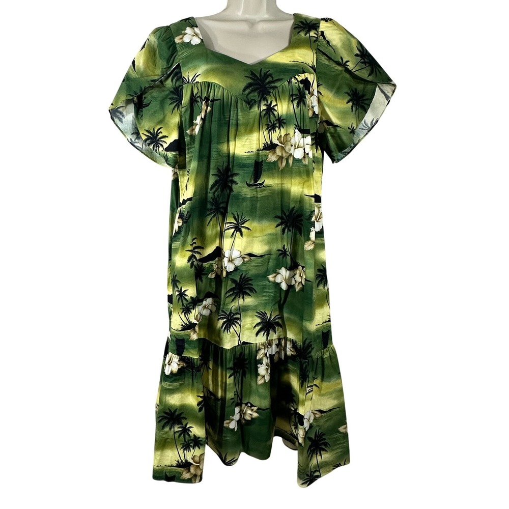 Winnie Fashion Womens Medium‎ Green Tropical Cotton Muumuu Dress Made in Hawaii